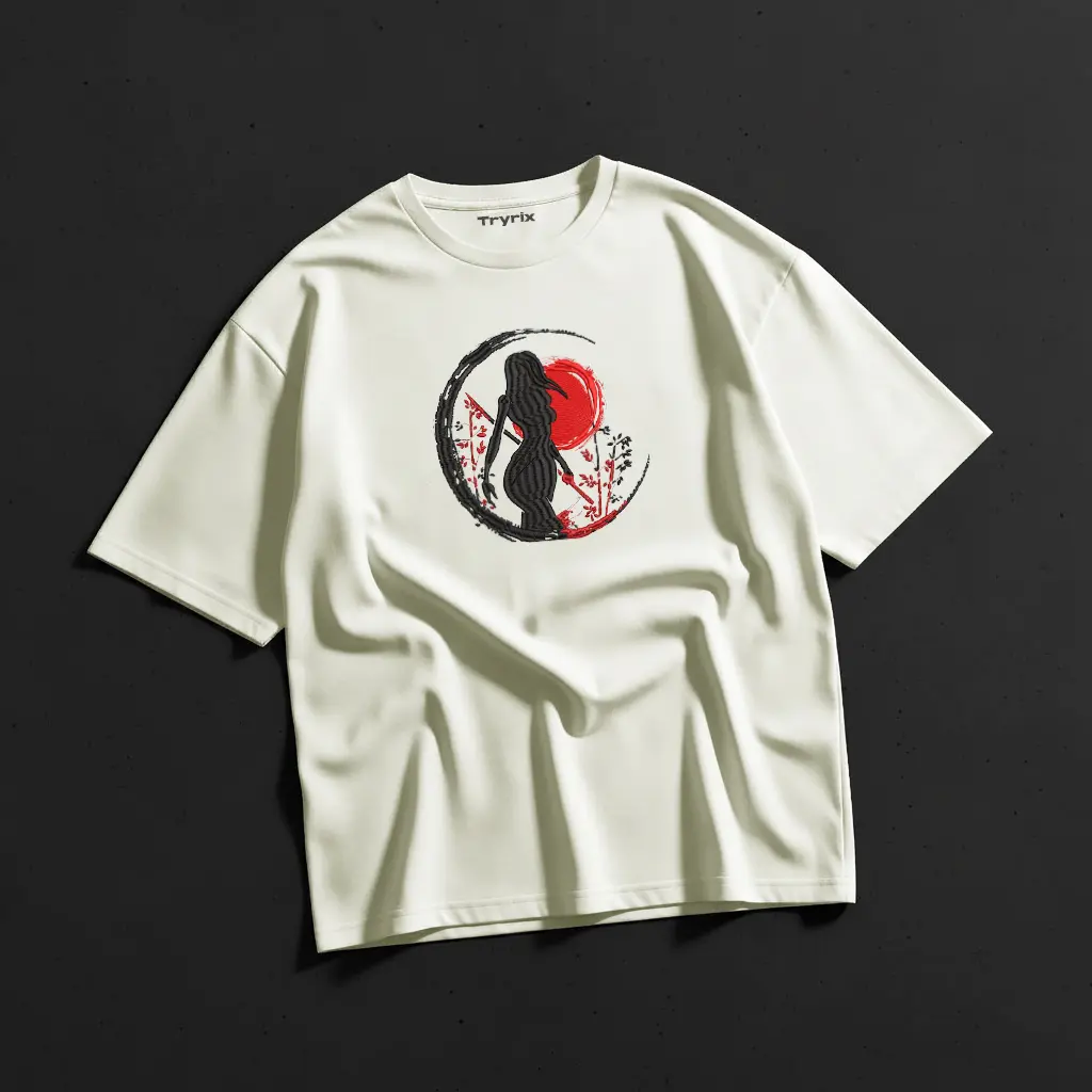 TRYRIX Samurai Sunset Embroidery T-Shirt – 240 GSM Loopknit Cotton | “Way of a Warrior”