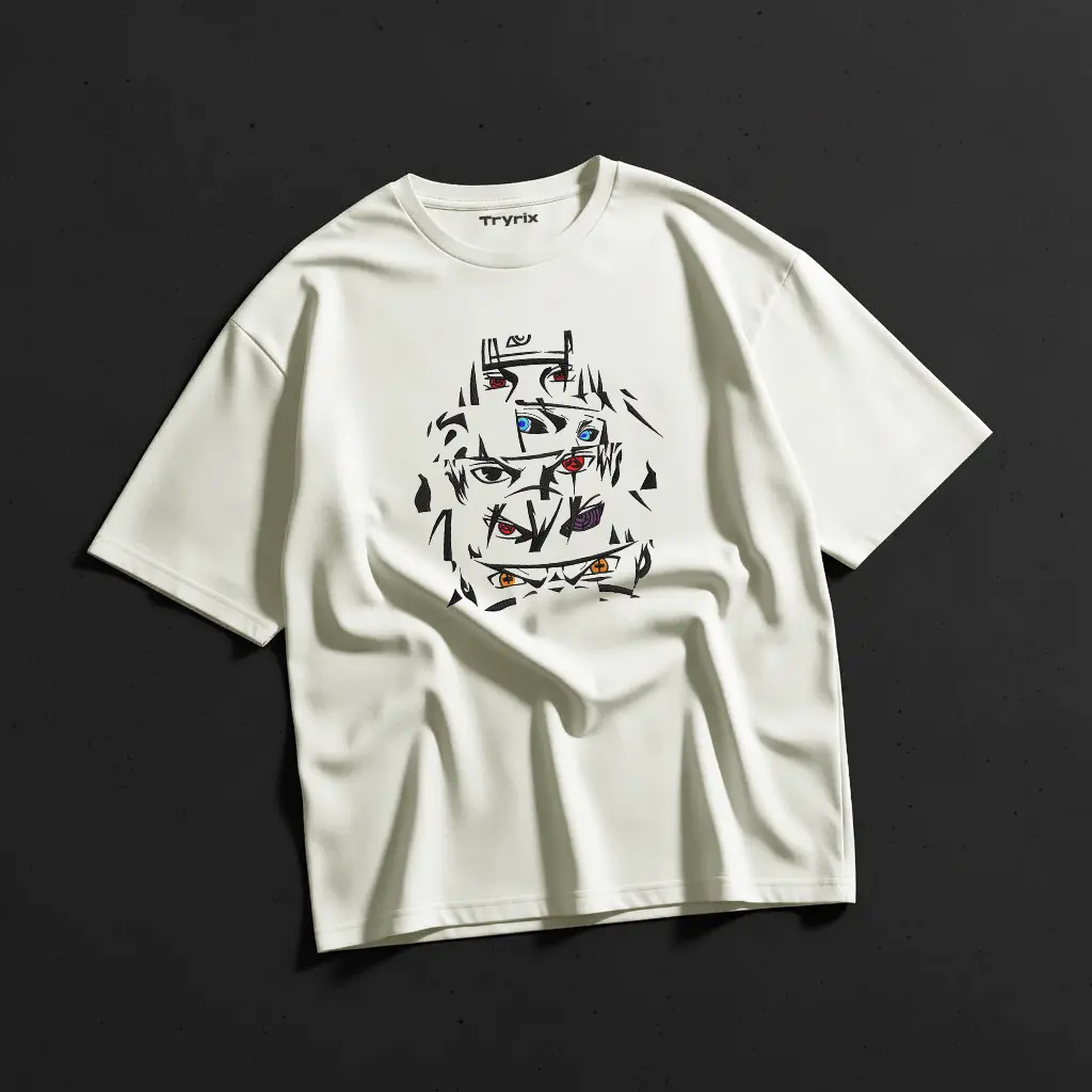TRYRIX Embroidery Multiple Anime Eyes T‑Shirt – Premium 240GSM Loopknit Cotton, Durable & Sturdy